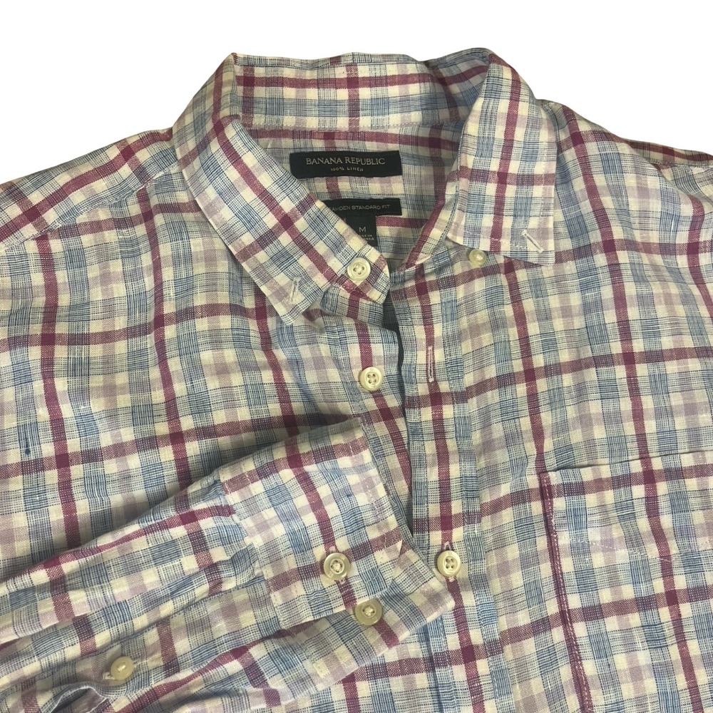 Bapublic Mens M Camden StaFit Linn Plad Button Down Shirt